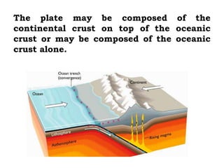 The plate may be composed of the
continental crust on top of the oceanic
crust or may be composed of the oceanic
crust alone.
 