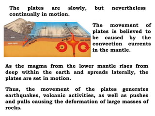 The   plates    are  slowly,   but   nevertheless
 continually in motion.

                                The movement of
                                plates is believed to
                                be caused by the
                                convection currents
                                in the mantle.


As the magma from the lower mantle rises from
deep within the earth and spreads laterally, the
plates are set in motion.

Thus, the movement of the plates generates
earthquakes, volcanic activities, as well as pushes
and pulls causing the deformation of large masses of
rocks.
 