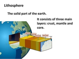 Lithosphere

 The solid part of the earth.
                      It consists of three main
                      layers: crust, mantle and
                      core.
 