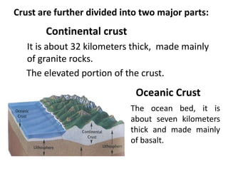 Crust are further divided into two major parts:
       Continental crust
   It is about 32 kilometers thick, made mainly
   of granite rocks.
   The elevated portion of the crust.
                             Oceanic Crust
                            The ocean bed, it is
                            about seven kilometers
                            thick and made mainly
                            of basalt.
 