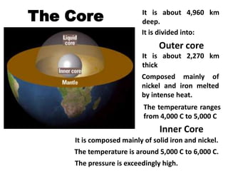 The Core                 It is about 4,960 km
                         deep.
                         It is divided into:
                               Outer core
                          It is about 2,270 km
                          thick
                         Composed mainly of
                         nickel and iron melted
                         by intense heat.
                          The temperature ranges
                          from 4,000 C to 5,000 C
                               Inner Core
    It is composed mainly of solid iron and nickel.
    The temperature is around 5,000 C to 6,000 C.
    The pressure is exceedingly high.
 