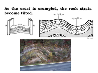 As the crust is crumpled, the rock strata
become tilted.
 