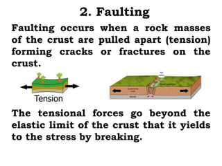 2. Faulting
Faulting occurs when a rock masses
of the crust are pulled apart (tension)
forming cracks or fractures on the
crust.




The tensional forces go beyond the
elastic limit of the crust that it yields
to the stress by breaking.
 