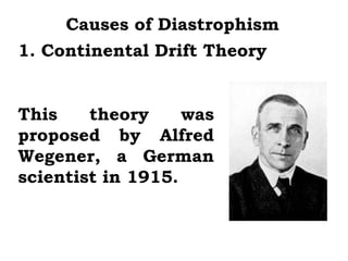Causes of Diastrophism
1. Continental Drift Theory


This    theory     was
proposed by Alfred
Wegener, a German
scientist in 1915.
 