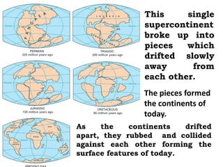 This     single
                 supercontinent
                 broke up into
                 pieces   which
                 drifted slowly
                 away      from
                 each other.
                 The pieces formed
                 the continents of
                 today.
As    the     continents   drifted
apart, they rubbed and collided
against each other forming the
surface features of today.
 