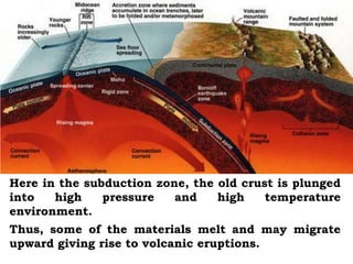 Here in the subduction zone, the old crust is plunged
into   high    pressure   and    high    temperature
environment.
Thus, some of the materials melt and may migrate
upward giving rise to volcanic eruptions.
 