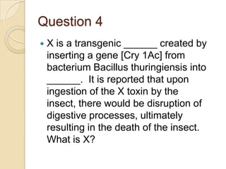 Question 4


X is a transgenic ______ created by
inserting a gene [Cry 1Ac] from
bacterium Bacillus thuringiensis into
______. It is reported that upon
ingestion of the X toxin by the
insect, there would be disruption of
digestive processes, ultimately
resulting in the death of the insect.
What is X?

 