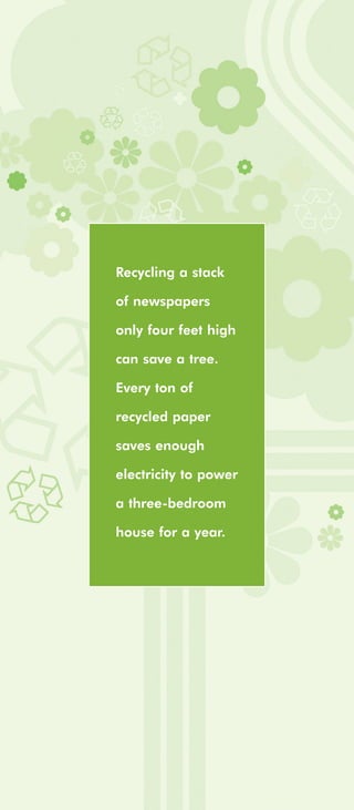 Recycling a stack

of newspapers

only four feet high

can save a tree.

Every ton of

recycled paper

saves enough

electricity to power

a three-bedroom

house for a year.
 