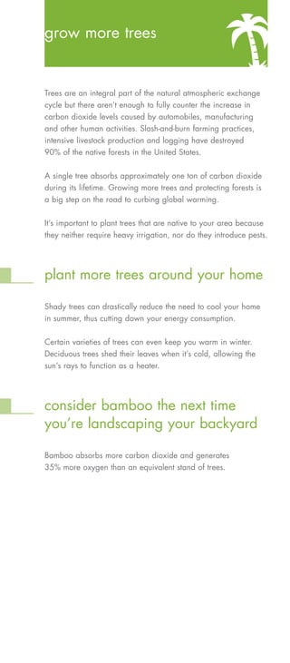 grow more trees


Trees are an integral part of the natural atmospheric exchange
cycle but there aren’t enough to fully counter the increase in
carbon dioxide levels caused by automobiles, manufacturing
and other human activities. Slash-and-burn farming practices,
intensive livestock production and logging have destroyed
90% of the native forests in the United States.


A single tree absorbs approximately one ton of carbon dioxide
during its lifetime. Growing more trees and protecting forests is
a big step on the road to curbing global warming.

It’s important to plant trees that are native to your area because
they neither require heavy irrigation, nor do they introduce pests.




plant more trees around your home

Shady trees can drastically reduce the need to cool your home
in summer, thus cutting down your energy consumption.


Certain varieties of trees can even keep you warm in winter.
Deciduous trees shed their leaves when it’s cold, allowing the
sun’s rays to function as a heater.




consider bamboo the next time
you’re landscaping your backyard

Bamboo absorbs more carbon dioxide and generates
35% more oxygen than an equivalent stand of trees.
 
