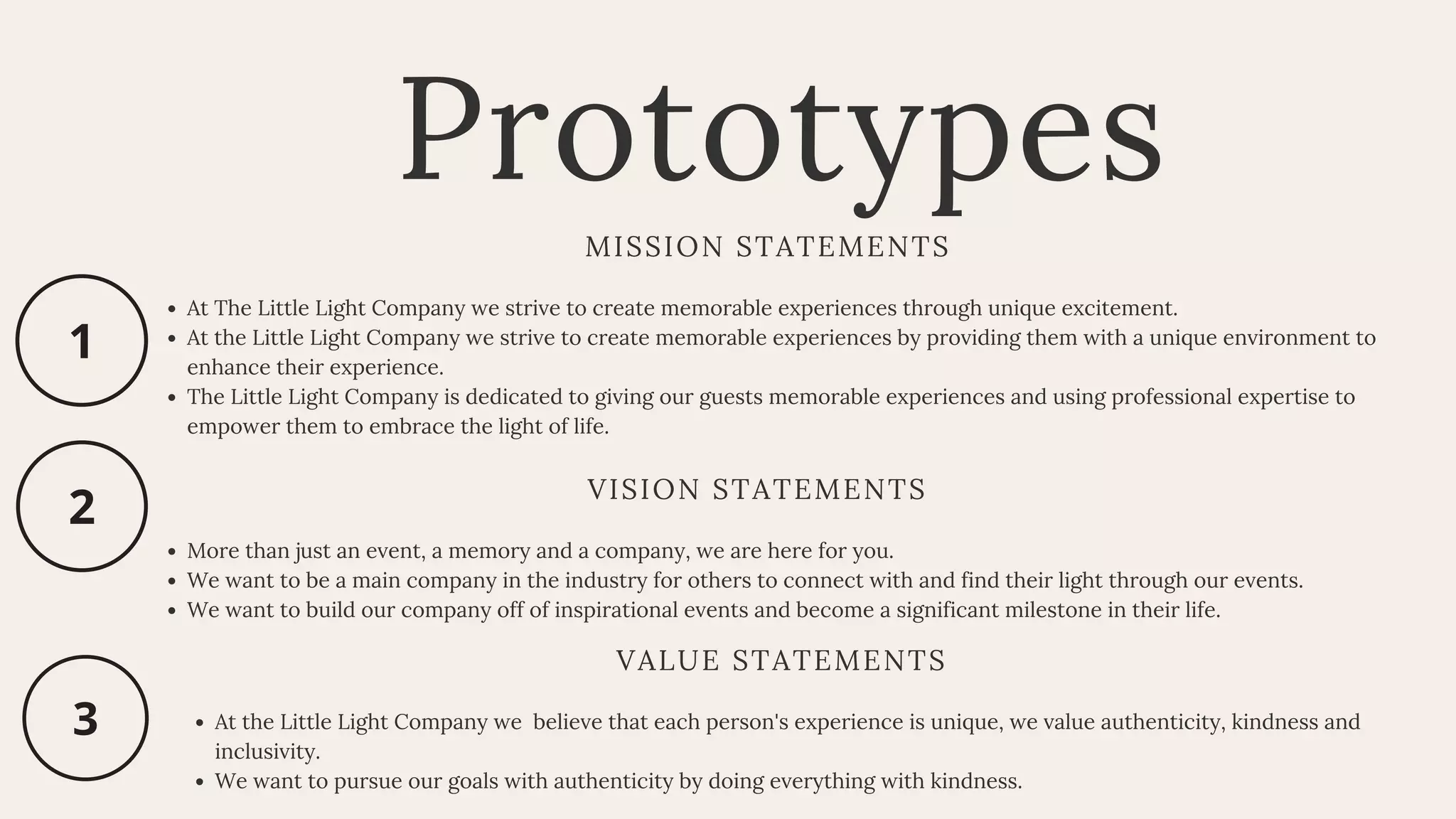 Prototypes
MISSION STATEMENTS
At The Little Light Company we strive to create memorable experiences through unique excitement.
At the Little Light Company we strive to create memorable experiences by providing them with a unique environment to
enhance their experience.
The Little Light Company is dedicated to giving our guests memorable experiences and using professional expertise to
empower them to embrace the light of life.
VISION STATEMENTS
More than just an event, a memory and a company, we are here for you.
We want to be a main company in the industry for others to connect with and find their light through our events.
We want to build our company off of inspirational events and become a significant milestone in their life.
VALUE STATEMENTS
At the Little Light Company we  believe that each person's experience is unique, we value authenticity, kindness and
inclusivity.
We want to pursue our goals with authenticity by doing everything with kindness.
 