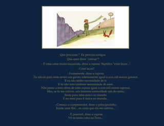 Que procuras ? Eu procuro amigos.
                         Que quer dizer "cativar"?
      - É uma coisa muito esquecida, disse a raposa. Significa "criar laços..."
                                   - Criar laços?
                          - Exatamente, disse a raposa.
Tu não és para mim senão um garoto inteiramente igual a cem mil outros garotos.
                        E eu não tenho necessidade de ti.
                   E tu não tens também necessidade de mim.
     Não passo a teus olhos de uma raposa igual a cem mil outras raposas.
          Mas, se tu me cativas, nós teremos necessidade um do outro.
                        Serás para mim único no mundo.
                       E eu serei para ti única no mundo...

                 - Começo a compreender, disse o principezinho.
                  Existe uma flor... eu creio que ela me cativou...

                            - É possível, disse a raposa.
                            Vê-se tanta coisa na Terra...
 
