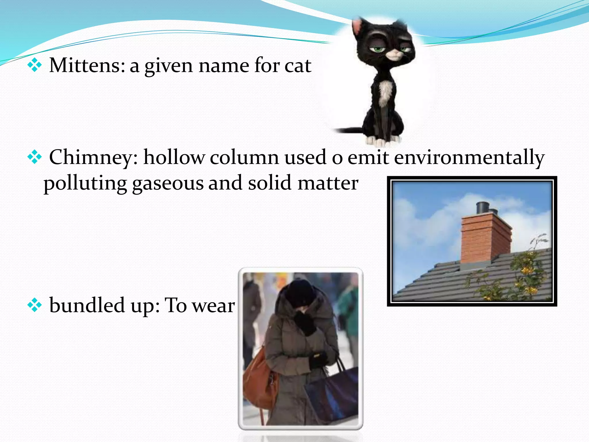  Mittens: a given name for cat
Chimney: hollow column used o emit environmentally
polluting gaseous and solid matter
bundled up: To wear