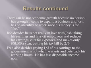 There can be not economic growth because no person
   has enough income to expand a business and Josh
   has no incentive to work since his money is for
   “free”.
Bob decides he is not really in love with Josh taking
   his earnings and lays off employees and reduces
   his earnings, cuts his expenses, and makes only
   $50,000 a year, cutting his tax bill by 2/3.
Fred also decides paying 1/3 of his earnings to the
   government is not what he wants and cuts back his
   working hours. He has less disposable income
   now.
 