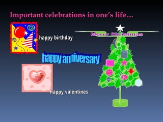 Important celebrations in one’s life… Merry Christmas happy birthday happy valentines happy anniversary 