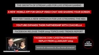 THE GROWTH OF STREAM LABS FOR LIVE STREAM GAMING
FACEBOOK.COM/LIVESTREAMINSIDERS
REPLAY FROM 13 JANUARY 2019
HOSTED BY KRISHNA DE AND PETER STEWART
YOUTUBE EXPANDS THEIR PARTNERSHIP WITH COACHELLA
A NEW  MOBILE APP FOR GROUP VIDEO CHAT AND SHARING YOUR SCREEN
TWITTER TAKES A NEW APPROACH FOR LIVE STREAMING THE NBA
FACEBOOK RELEASE THEIR 2019 TOPICS AND TRENDS REPORT
 