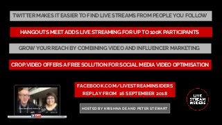 TWITTER MAKES IT EASIER TO FIND LIVE STREAMS FROM PEOPLE YOU FOLLOW
FACEBOOK.COM/LIVESTREAMINSIDERS
REPLAY FROM  16 SEPTEMBER 2018
HOSTED BY KRISHNA DE AND PETER STEWART
CROP.VIDEO OFFERS A FREE SOLUTION FOR SOCIAL MEDIA VIDEO OPTIMISATION
HANGOUTS MEET ADDS LIVE STREAMING FOR UP TO 100K PARTICIPANTS
GROW YOUR REACH BY COMBINING VIDEO AND INFLUENCER MARKETING
 