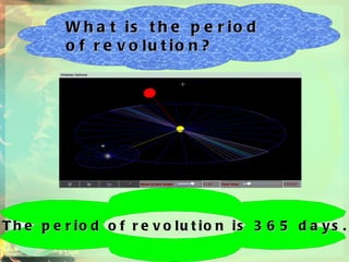 What is the period of revolution? The period of revolution is 365 days.  