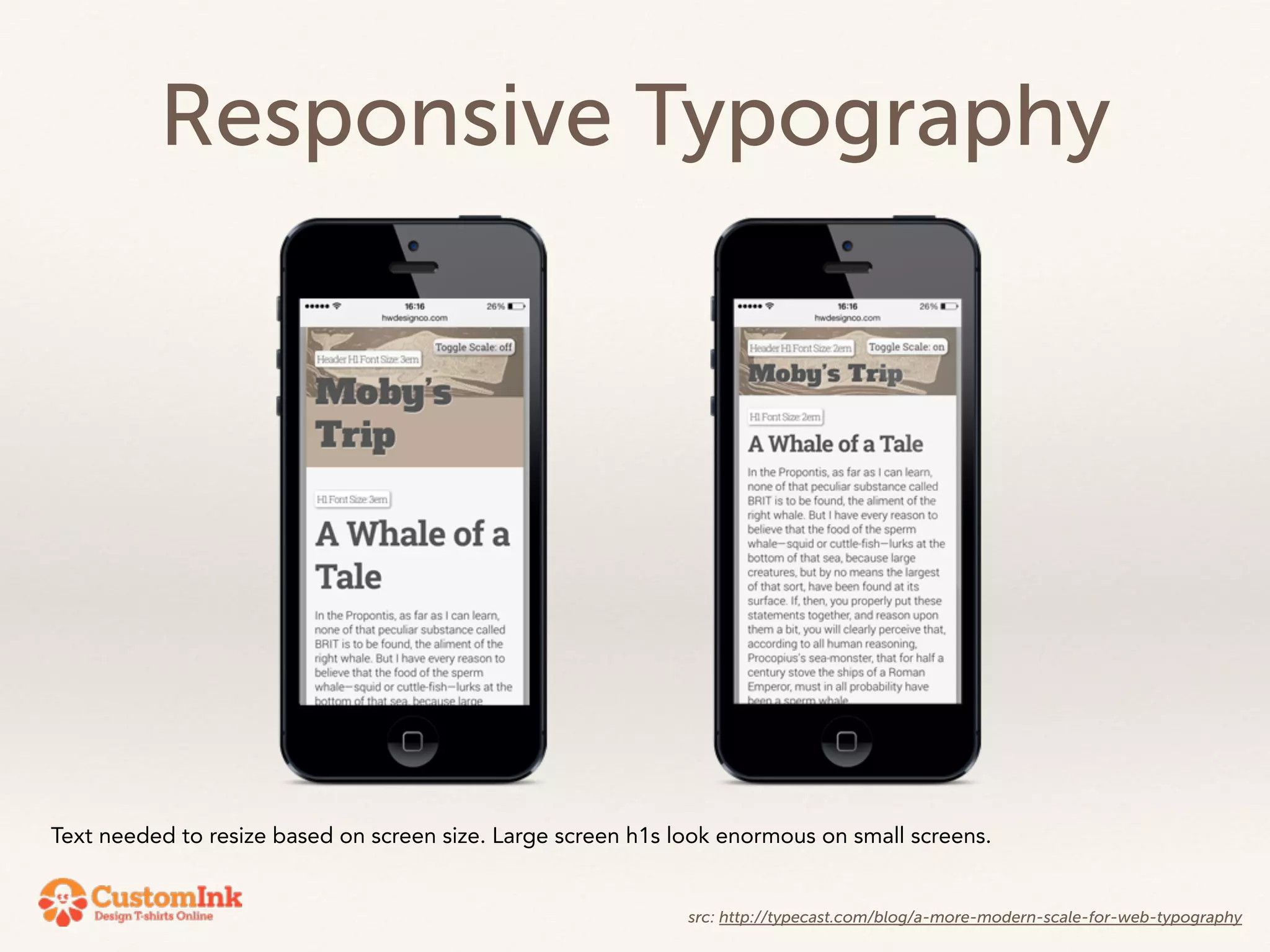 Responsive Typography 
Text needed to resize based on screen size. Large screen h1s look enormous on small screens. 
src: http://typecast.com/blog/a-more-modern-scale-for-web-typography 
 