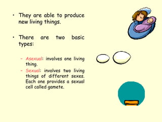 • They are able to produce
new living things.
• There are two basic
types:
– Asexual: involves one living
thing.
– Sexual: involves two living
things of different sexes.
Each one provides a sexual
cell called gamete.
 