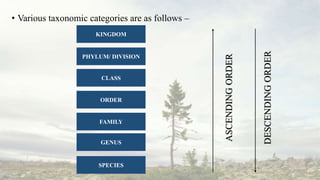 • Various taxonomic categories are as follows –
KINGDOM
PHYLUM/ DIVISION
CLASS
ORDER
FAMILY
GENUS
SPECIES
ASCENDINGORDER
DESCENDINGORDER
 