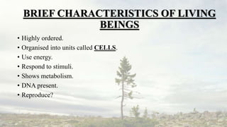 BRIEF CHARACTERISTICS OF LIVING
BEINGS
• Highly ordered.
• Organised into units called CELLS.
• Use energy.
• Respond to stimuli.
• Shows metabolism.
• DNA present.
• Reproduce?
 