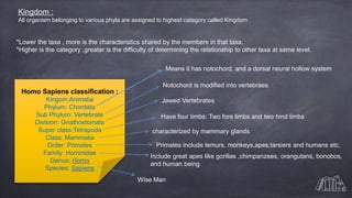 Kingdom :
All organism belonging to various phyla are assigned to highest category called Kingdom .
*Lower the taxa , more is the characteristics shared by the members in that taxa.
*Higher is the category ,greater is the difficulty of determining the relationship to other taxa at same level.
Homo Sapiens classification :
Kingom:Animalia
Phylum: Chordata
Sub Phylum: Vertebrate
Division: Gnathostomata
Super class:Tetrapoda
Class: Mammalia
Order: Primates
Family: Hominidae
Genus: Homo
Species: Sapiens
Means it has notochord, and a dorsal neural hollow system
Jawed Vertebrates
Notochord is modified into vertebraes
Have four limbs: Two fore limbs and two hind limbs
characterized by mammary glands
Primates include lemurs, monkeys,apes,tarsiers and humans etc.
Include great apes like gorillas ,chimpanzees, orangutans, bonobos,
and human being
Wise Man
 
