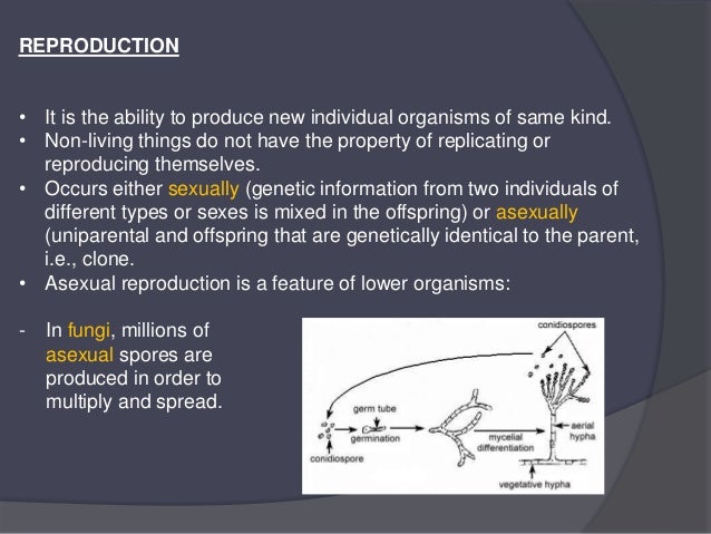 REPRODUCTION
• It is the ability to produce new individual organisms of same kind.
• Non-living things do not have the pro...