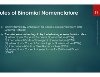ules of Binomial Nomenclature
 Initially framed by Linnaeus in his books, Species
Systema Naturae.
 The rules were revised again by the following nomenclature codes
(i) International Code for Botanical Nomenclature (ICBN).
(i) International Code for Botanical Nomenclature (ICBN).
(ii) International Code of Zoological Nomenclature (ICZN).
(iii) International Code of Bacteriological Nomenclature (ICBN).
(iv) International Code of Viral Nomenclature (ICVN).
(v) International Code of Nomenclature for Cultivated Plants
(ICNCP).
ules of Binomial Nomenclature
Linnaeus in his books, Species Plantarum and
The rules were revised again by the following nomenclature codes
) International Code for Botanical Nomenclature (ICBN).
19
) International Code for Botanical Nomenclature (ICBN).
(ii) International Code of Zoological Nomenclature (ICZN).
(iii) International Code of Bacteriological Nomenclature (ICBN).
(iv) International Code of Viral Nomenclature (ICVN).
(v) International Code of Nomenclature for Cultivated Plants
 