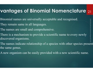 dvantages of Binomial Nomenclature
Binomial names are universally acceptable and recognised
They remain same in all languages.
The names are small and comprehensive
There is a mechanism to provide a scientific name to every newly
There is a mechanism to provide a scientific name to every newly
discovered organisms.
The names indicate relationship of a species with other species present
the same genus.
A new organism can be easily provided with a new scientific name.
dvantages of Binomial Nomenclature
names are universally acceptable and recognised.
.
names are small and comprehensive.
is a mechanism to provide a scientific name to every newly
21
is a mechanism to provide a scientific name to every newly
names indicate relationship of a species with other species present
new organism can be easily provided with a new scientific name.
 