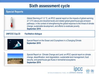Sixth assessment cycle
Special Reports
Special Report on the Ocean and Cryosphere in a Changing Climate
September 2019
Special Report on Climate Change and Land: an IPCC special report on climate
change, desertification, land degradation, sustainable land management, food
security, and greenhouse gas fluxes in terrestrial ecosystems
September 2019
Global Warming of 1.5 °C, an IPCC special report on the impacts of global warming
of 1.5°C above pre-industrial levels and related global greenhouse gas emission
pathways, in the context of strengthening the global response to the threat of climate
change, sustainable development, and efforts to eradicate poverty
September 2018
UNFCCC Cop 23 Facilitative dialogue
 