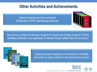 Other Activities and Achievements
National Greenhouse Gas Inventories
(Publication of IPCC Methodology Reports)
Organizing expert meetings and workshops to facilitate
discussion on topics relevant to the Assessment process
Task Group on Data and Scenario Support for Impact and Climate Analysis (TGICA):
facilitates distribution and application of climate change related data and scenarios)
 