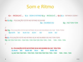 Som e Ritmo
G 1 - MÚSICA É ... G 2 - SOM E RITMO! G 3 - MÚSICA É ... G 1/ G 2 - RITMO E SOM !
//
G1/G2/G3 – PULSAÇÃO ESTÁ NO RITMO SEJA NO
G2 – BUMBO OU G3 – NO TON-TON
//
G1/ G3- PULSAÇÃO ESTÁ NO RITMO SEJA NO BUMBO OU NO TON-TON!
G2 BUM - BO BUM BO BUM - BO BUM - BO
//
G1/G2- PULSAÇÃO ESTÁ NO RITMO SEJA NO BUMBO OU NO TON-TON!
G3 NO TON-TON TON – TON TON –TON TON-TON TON- TON – TON TON – TON – TON
//
G1- PULSAÇÃO ESTÁ NO RITMO SEJA NO BUMBO OU NO TON-TON
G2 BUM - BO BUM BO BUM- BO BUM- BO
G3 NO TON-TON TON – TON TON –TON TON-TON TON- TON – TON TON – TON – TON
32
 