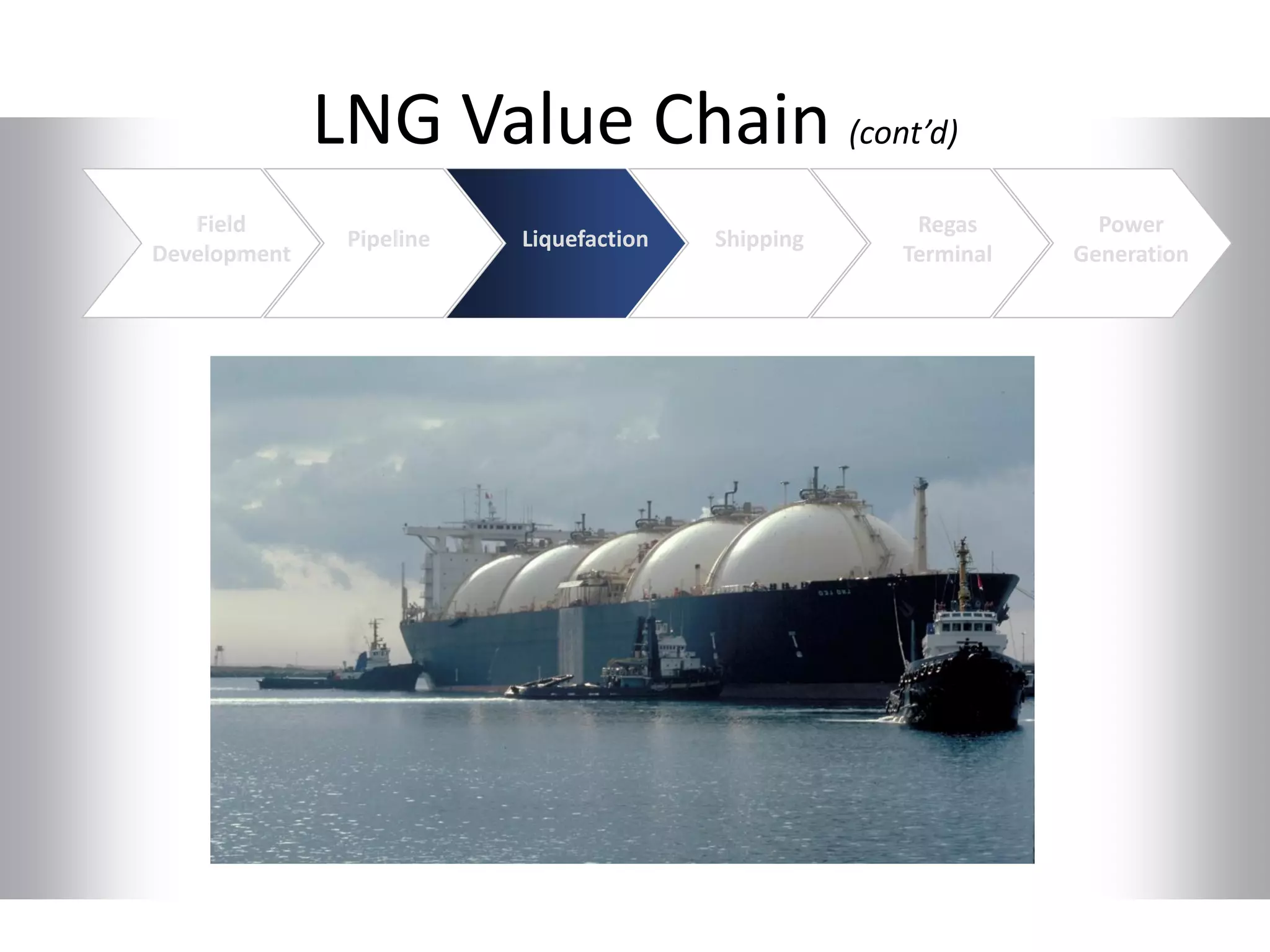 LNG Value Chain (cont’d)
Regas
Terminal
Power
Generation
Field
Development
Pipeline Liquefaction Shipping