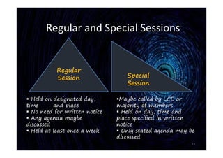 Regular and Special Sessions
13
Regular
Session Special
Session
 Held on designated day,
time and place
 No need for written notice
 Any agenda maybe
discussed
 Held at least once a week
Maybe called by LCE or
majority of members
 Held on day, time and
place specified in written
notice
 Only stated agenda may be
discussed
 