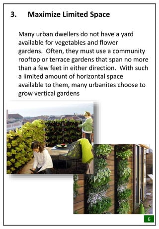 3. Maximize Limited Space
Many urban dwellers do not have a yard
available for vegetables and flower
gardens. Often, they must use a community
rooftop or terrace gardens that span no more
than a few feet in either direction. With such
a limited amount of horizontal space
available to them, many urbanites choose to
grow vertical gardens
6
 
