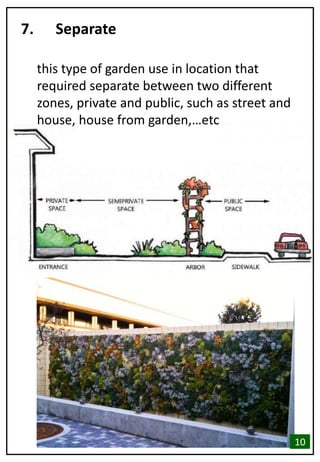 7. Separate
this type of garden use in location that
required separate between two different
zones, private and public, such as street and
house, house from garden,…etc
10
 