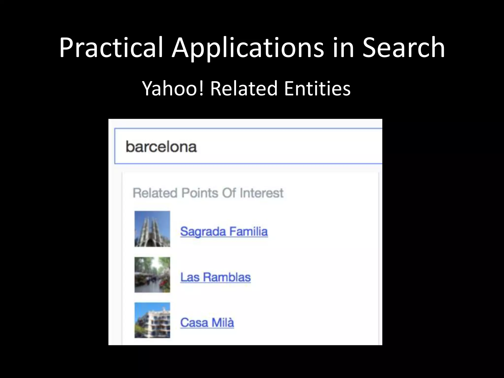 Practical Applications in Search
Yahoo! Related Entities
 