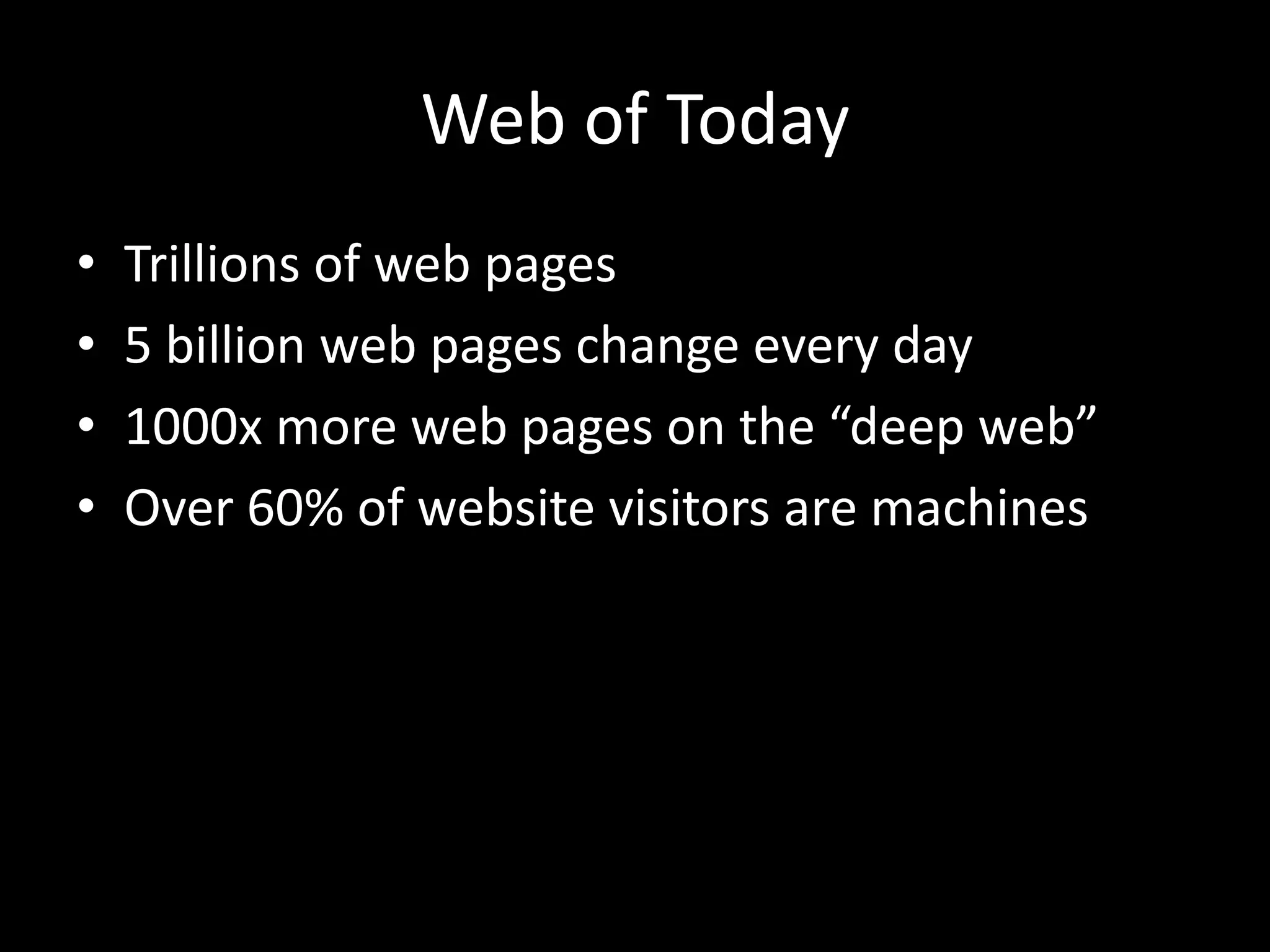 Web of Today
• Trillions of web pages
• 5 billion web pages change every day
• 1000x more web pages on the “deep web”
• Over 60% of website visitors are machines
 