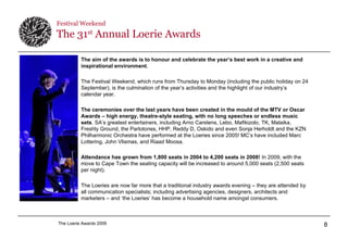 Festival Weekend The 31 st  Annual Loerie Awards The aim of the awards is to honour and celebrate the year’s best work in a creative and inspirational environment . The Festival Weekend, which runs from Thursday to Monday (including the public holiday on 24 September), is the culmination of the year’s activities and the highlight of our industry’s calendar year.  The ceremonies over the last years have been created in the mould of the MTV or Oscar Awards – high energy, theatre-style seating, with no long speeches or endless music sets . SA’s greatest entertainers, including Arno Carstens, Lebo, Mafikizolo, TK, Malaika, Freshly Ground, the Parlotones, HHP, Reddy D, Oskido and even Sonja Herholdt and the KZN Philharmonic Orchestra have performed at the Loeries since 2005! MC’s have included Marc Lottering, John Vlismas, and Riaad Moosa. Attendance has grown from 1,800 seats in 2004 to 4,200 seats in 2008!  In 2009, with the move to Cape Town the seating capacity will be increased to around 5,000 seats (2,500 seats per night). The Loeries are now far more that a traditional industry awards evening – they are attended by all communication specialists; including advertising agencies, designers, architects and marketers – and ‘the Loeries’ has become a household name amongst consumers. 