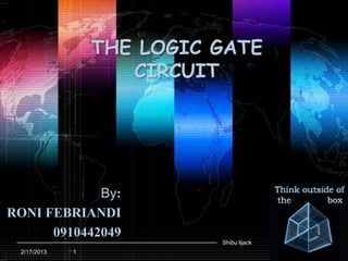 THE LOGIC GATE
                    CIRCUIT




             By:
RONI FEBRIANDI
      0910442049
                           Shibu lijack
 2/17/2013   1
 
