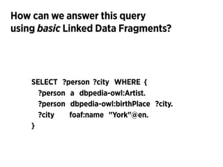 SELECT ?person ?city WHERE {
!
!
}
How can we answer this query 
using basic Linked Data Fragments?
?person a dbpedia-owl:...