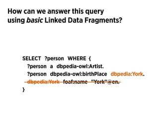SELECT ?person WHERE {
!
!
}
How can we answer this query 
using basic Linked Data Fragments?
?person a dbpedia-owl:Artist...