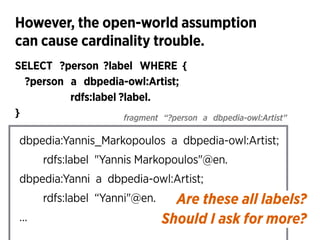 However, the open-world assumption 
can cause cardinality trouble.
SELECT ?person ?label WHERE {
?person a dbpedia-owl:Art...