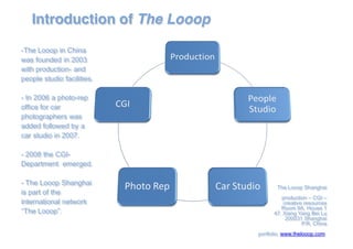 Introduction of The Looop
-The Looop in China
was founded in 2003
with production- and
people studio facilities.
- In 2006 a photo-rep
office for car
photographers was
added followed by a
car studio in 2007.
- 2008 the CGI-
Department emerged.
- The Looop Shanghai
is part of the
international network
The Looop .
The Looop Shanghai
production CGI
creative resources
Room 9A, House 1
47, Xiang Yang Bei Lu
200031 Shanghai
P.R. China
portfolio. www.thelooop.com
!
 