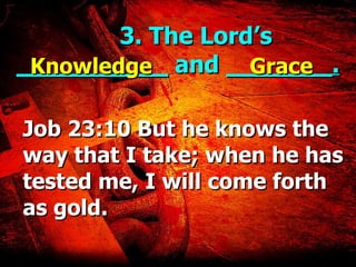 3. The Lord’s  __________  and  _______. Job 23:10 But he knows the way that I take; when he has tested me, I will come forth as gold. Knowledge Grace 