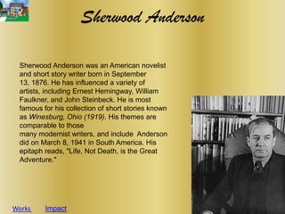 Sherwood Anderson

 Sherwood Anderson was an American novelist
 and short story writer born in September
 13, 1876. He has influenced a variety of
 artists, including Ernest Hemingway, William
 Faulkner, and John Steinbeck. He is most
 famous for his collection of short stories known
 as Winesburg, Ohio (1919). His themes are
 comparable to those
 many modernist writers, and include Anderson
 did on March 8, 1941 in South America. His
 epitaph reads, "Life, Not Death, is the Great
 Adventure."




Works    Impact
 