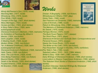 Windy McPherson's Son, (1916, novel)
                                              Works
Marching Men, (1917, novel)                  Dreiser: A Biography, (1936, non-fiction)
Winesburg, Ohio, (1919, novel)               Winesburg and Others, (1937, play)
Poor White, (1920, novel)                    Home Town, (1940, novel)
Triumph of the Egg, (1921, short stories)    San Francisco at Christmas, (1940, memoirs)
Many Marriages, (1923, novel)                Lives of Animals, (1966, novel)
Horses and Men, (1923, short stories)        Return to Winesburg, Ohio, (1967, essays)
A Story-Teller's Story, (1924, semi-         The Memoirs of Sherwood Anderson, (1968, memoirs)
autobiographical novel)                      No Swank, (1970, novel)
Sherwood Anderson's Memoirs, (1924, memoirs) Perhaps Women, (1970, novel)
An Exhibition of Paintings By Alfred H.      The Buck Fever Papers, (1971, essays)
Maurer, (1924, non-fiction)                  Ten Short Plays, (1972, plays)
Dark Laughter, (1925, novel)                 Sherwood Anderson and Gertrude Stein: Correspondence and
A Meeting South, (1925, novel)               Personal Essays, (1972, essays)
Modern Writer, (1925, non-fiction)           Nearer the Grass Roots, (1976, novel)
Tar: A Midwest Childhood, (1926, semi-       The Writer at His Craft, (1978, non-fiction)
autobiographical novel)                      Paul Rosenfeld: Voyager in the Arts, (1978, nonfiction)
Sherwood Anderson's Notebook, (1926, memoirs)The Teller's Tale, (1982, novel)
Hello Towns, (1929, non-fiction)             Selected Letters: 1916 – 1933, (1984, letters)
Alice: The Lost Novel, (1929, novel)         Writer's Diary: 1936–1941, (1987, memoir)
Onto Being Published, (1930, non-fiction)    Early Writings of Sherwood Anderson, (1989, short stories)
Beyond Desire, (1932, novel)                 Love Letters to Eleanor Copenhaver Anderson, (1990, letters)
Death in the Woods, (1933, short stories)    The Selected Short Stories of Sherwood Anderson, (1995, short
Puzzled America, (1935, essays)              stories)
Kit Brandon, (1936, novel)                   Southern Odyssey: Selected Writings By Sherwood
                                             Anderson, (1998, short stories)
 