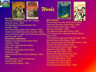 Works
Novels
This Side of Paradise (New York: Charles        Short Stories
Scribner's Sons, 1920)                          Bernice Bobs Her Hair (Short Story, 1920)
The Beautiful and Damned (New York:             Head and Shoulders (Short Story, 1920)
Scribner, 1922)                                 The Ice Palace (Short Story, 1920)
The Great Gatsby (New York: Scribner, 1925)     May Day (Novelette, 1920)
Tender Is the Night (New York: Scribner, 1934)  The Offshore Pirate (Short Story, 1920)
The Last Tycoon (New York: Scribners, published The Curious Case of Benjamin Button (Short
posthumously, 1941)                             Story, 1921)
Short Story Collections                         The Diamond as Big as the Ritz (Novella, 1922)
Flappers and Philosophers (Short Story          Winter Dreams (Short Story, 1922)
Collection, 1920)                               Dice, Brassknuckles & Guitar (Short Story, 1923)
Tales of the Jazz Age (Short Story              The Rich Boy (Short Story, 1926)
Collection, 1922)                               The Freshest Boy (Short Story, 1928)
All the Sad Young Men (Short Story              Magnetism (Short Story 1928)
Collection, 1926)                               A New Leaf (Short Story, 1931)
Taps at Reveille (Short Story Collection, 1935) Babylon Revisited (Short story, 1931)
Other                                           Crazy Sunday (Short Story, 1932)
The Vegetable, or From President to             The Fiend (Short Story, 1935)
Postman (play, 1923)                            The Bridal Party (Short Story)
The Crack-Up (essays, 1945)                     The Baby Party (Short Story)
                                                The Lost Decade (Short Story, 1938)
 