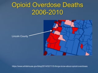 Opioid Overdose Deaths
2006-2010
https://www.whitehouse.gov/blog/2014/02/11/5-things-know-about-opioid-overdoses
Lincoln County
 