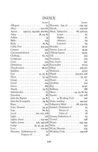 116
INDEX
Section
Allegory . . . . . . . . . . . . 32
Altar. . . . . . . . . . . . . . 110-116
Apron . . 159-171, 193-196, 262-663
Arms . . . . . . . . . . . 78, 79, 83
Ashlar . . . . . . . . . . . . . 35
Bible. . . . . . . . . . . . . . 125
Body. . . . . . . . . . . . . . 76, 83
Cable-Tow . . . . . . . . . . 313-315
Cement . . . . . . . . . . . . 259
Circumambulation . . . . . . 304
Clothing. . . . . . . . . . . . 62, 63
Compasses . . . . . . . . . . 129
Corn. . . . . . . . . . . . . . 253
Definitions . . . . . . . . . . 24-26
Discalceation . . . . . . . . . 98-107
Emblem . . . . . . . . . . . . 32
Feet . . . . . . . . . . . . 73, 75, 83
Floor. . . . . . . . . . . . . . 37, 94
Gauge . . . . . . . . . . . . . 203
Gavel . . . . . . . . . . . . . 204
Grave . . . . . . . . . . . . . 289
Hands . . . . . . . . . . . . . 79, 83
Individuality . . . . . . . . . 67
Jerusalem . . . . . . . . . . . 86
John the Baptist . . . . . . . 53, 87
John the Evangelist. . . . . . 54, 89
Knee. . . . . . . . . . . . . . 121
Laws, Natural . . . . . . . . . 39, 40
Legs . . . . . . . . . . . . . . 80, 83
Level . . . . . . . . . . 211, 212, 218
Light. . . . . . . . . . . . . . 276
Lights, Great . . . . . . . . . 124-150
Lights, Lesser . . . . . . 136, 149-158
Lodge . . . . . . . . . 36, 37, 45, 309
Love . . . . . . . . . . . . . . 171-191
Masonry, Definitition of. . . 27
Purpose of. . . . . 44
Section
Masonry, Age of . . . . . . . 139, 140
Metals . . . . . . . . . . . . . 219-226
Mind, Subjective. . . . 68, 270-279
Lower . . . . . . . . . 67
Higher. . . . . . . . . 67
Abstract. . . . . . . . 69
Concrete . . . . . . . 69
Morality . . . . . . . . . . . . 30-31
Nature, Laws of. . . . . . . . 39-40
Oblong Square . . . . . . . . 93-97
Oil. . . . . . . . . . . . . . . 253
Pavement . . . . . . . . . . . 313
Paw, Lion’s . . . . . . . . . . 291
Personality . . . . . . . . . . 67-74
Pillars . . . . . . . . . . . . . 309-311
Platforms . . . . . . . . . . . 47-50
Plumb . . . . . . . . . . 213-217, 218
Polarity . . . . . . . . . . . . 77, 311
Prayer . . . . . . . . . . . . . 33
Qualities . . . . . . . . . . . 224
Rap . . . . . . . . . . . . . . 90-91
Ruffians . . . . . . . . . . . . 288
Shoes . . . . . . . . . . 74, 75, 81, 84
Square. . . . . . . . . . . . . 127, 128
,, as Working Tool . . . 206
Stairs, winding . . . . . . . . 242-252
Subjective Mind . . . . . 68, 270-279
Symbol, Definition of . . . . 24
Nature of . . . . . . 24
Value of . . . . . . . 18
System, Definition of . . . . . 29
Trowel. . . . . . . . . . . . . 258
Wages . . . . . . . . . . . . . 253, 254
Wine . . . . . . . . . . . . . 253
Work, Masonic . . . . . . . . 275
Working Tools . . . . . . . . 199-218
 